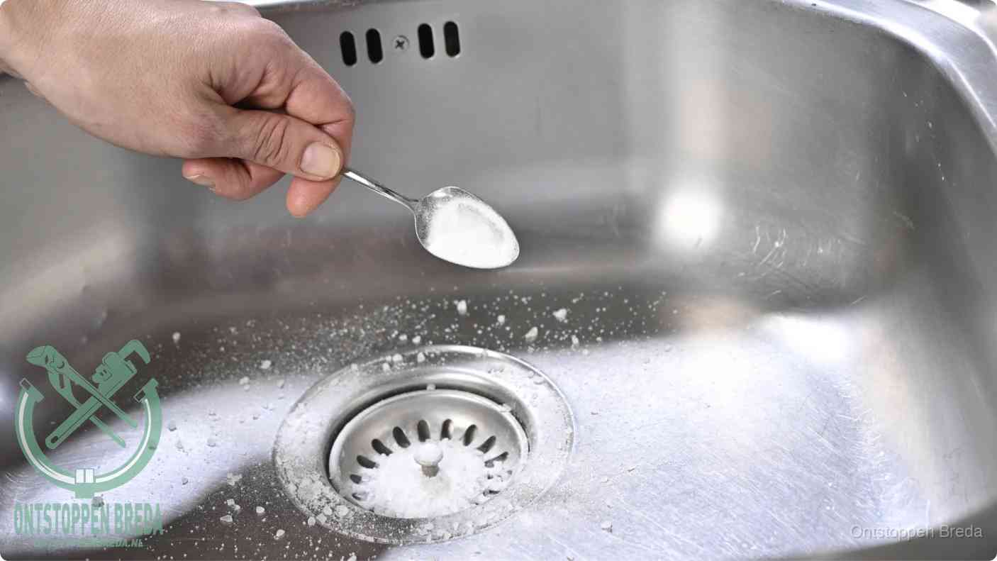 Een hand strooit met een lepel soda in de afvoer van een roestvrijstalen spoelbak, de soda en azijn huismiddel-methode om de afvoer te ontstoppen in Breda